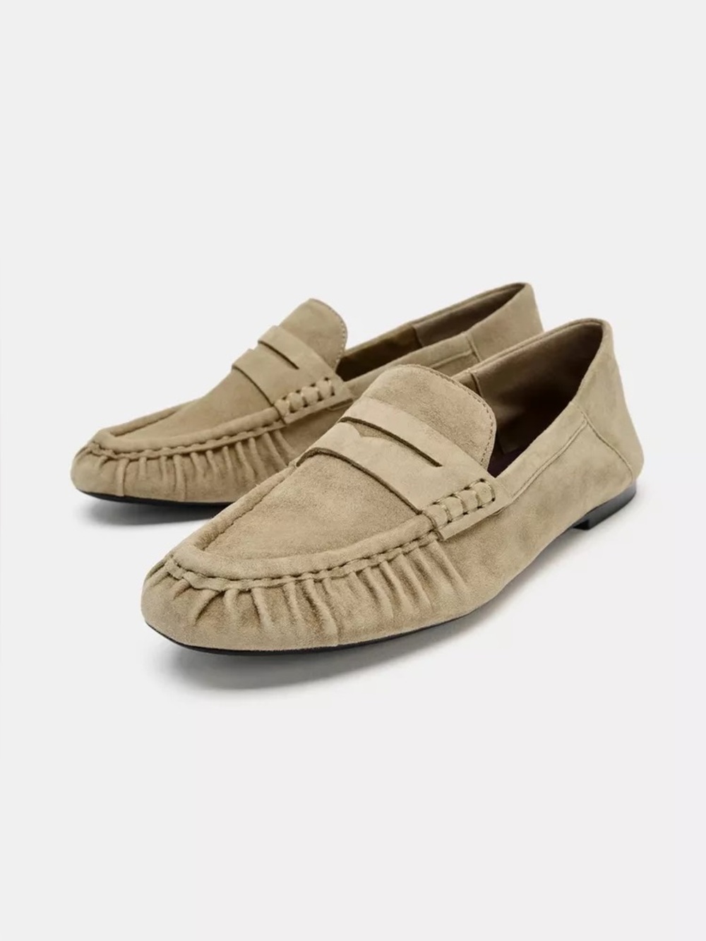 Zara Suede Gathered Loafers Taupe Beige Size 10 NWT Soft Penny Loafers